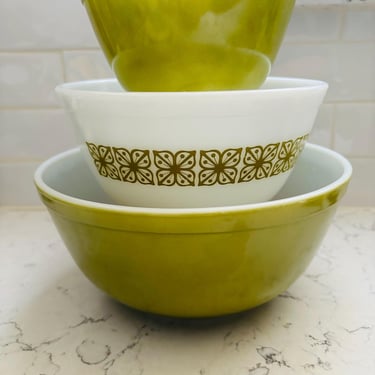 401, 402, and 403 Vintage Avocado Green Pyrex Replacement Mixing Bowls by LeChalet