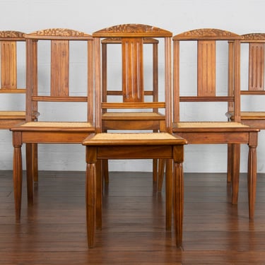 1930s French Art Deco Walnut and Cane Dining Chairs - Set of 6 