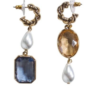 Mignonne Gavigan - Gold Twisted “Leonie” Drop Earrings w/ Gems &amp; Faux Pearls