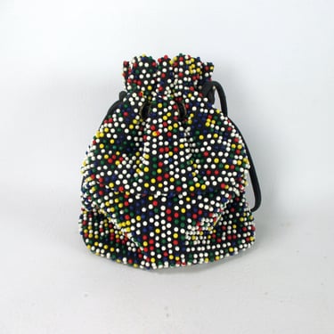 1950s Multi-Colored Candy Dot Purse Vintage Lumured Cordé Beaded Bag Black Drawstring Pouch Purse Small Satchel Mid Century Top Handle Bag 