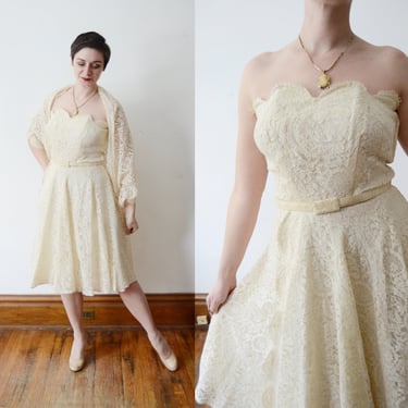 Frank Starr 1950s Cream Lace Strapless Dress - M 