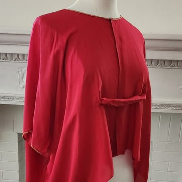 20s Red Silk Blouse Tunic w/Front Belt Sash 