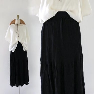 black gauze maxi skirt 28-36 - vintage 90s y2k womens long tiered rayon skirt 