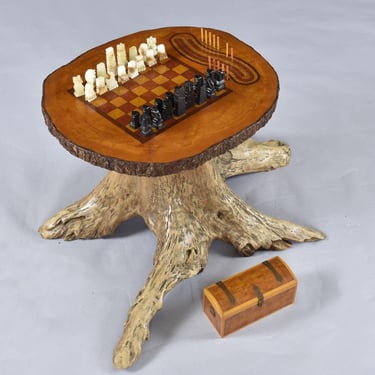 Hand Made Chess and Cribbage Live Edge Game Table on Tree Stump with Pieces 