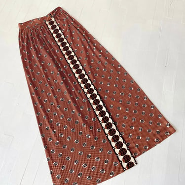 1970s Brown Dotted Ladybug Print Wrap Maxi Skirt 