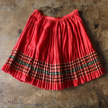 Vintage Large Patio Skirt  / Vintage Red and Gold Circle Skirt / Metallic 1950's Southwest Skirt 