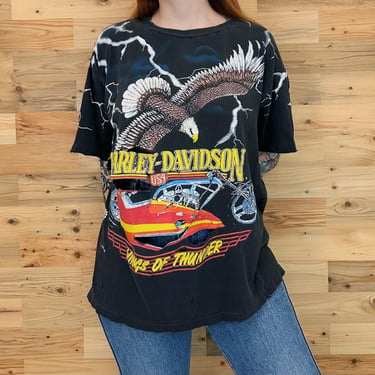 Rare Vintage Harley Davidson Motorcycles THRASHED Distressed Heavily Worn Wing Of Thunder Biker Tee Shirt T-Shirt 