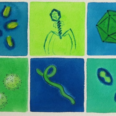 Viruses in Green and Blue  - original watercolor painting - microbiology art 