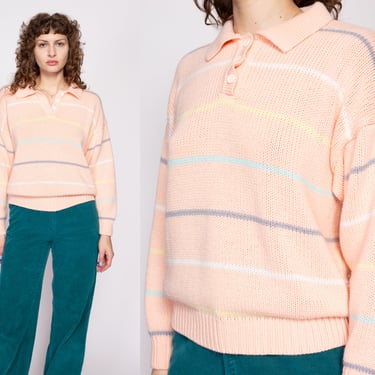 80s Striped Pastel Orange Henley Sweater - Medium | Vintage Collared Knit Pullover Jumper 