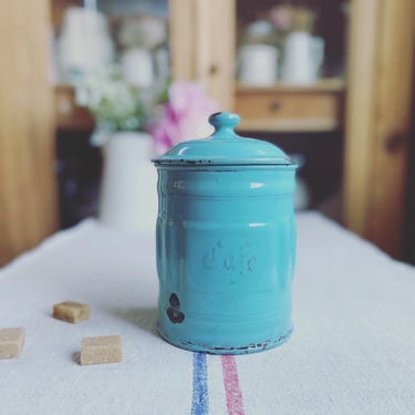 Beautiful antique French enamelware cafe canister 
