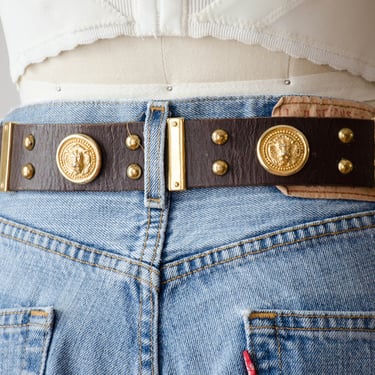 wide brown leather belt | 80s 90s vintage K. Kamacci gold coin medallion lion head statement belt 
