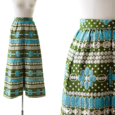 Vintage 1960s Maxi Skirt | 60s Metallic Woven Striped Floral Green Blue Silver High Waisted A-Line Party Skirt with Slit (small) 