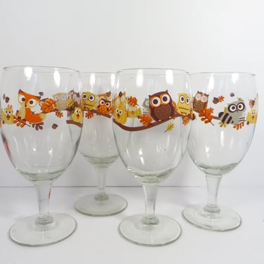 Vintage Libby Owl, Squirrel, Fox, Raccoon Water Wine Glasses Goblets 