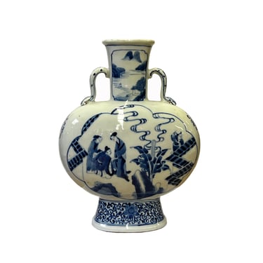 Chinese Blue White Porcelain Oval Flat Body People Theme Vase ws2991E 