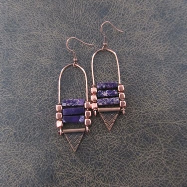 Sediment jasper and copper ethnic earrings, purple 