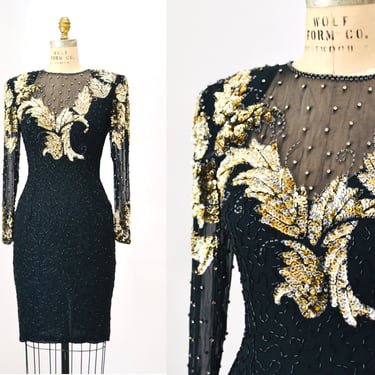 Vintage Black Beaded Dress Size Medium Black and Gold Metallic Sequin Dress// Vintage Black Flapper Inspired Dress by Laurence Kazar 