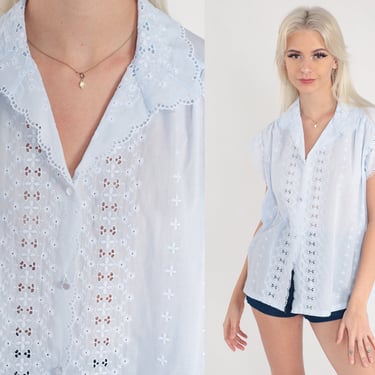 Eyelet Lace Blouse 80s Blue Embroidered Top Boho Shirt Cottagecore Prairie Shirt 1980s Bohemian Button Up Cap Sleeve Vintage Extra Large xl 