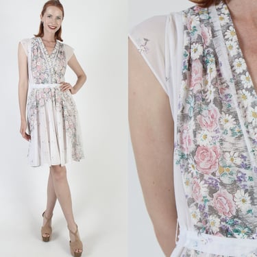 Lightweight White Floral Dress / Vintage 70s Sheer Belted Waist / See Through Lightweight Summer Sundress 