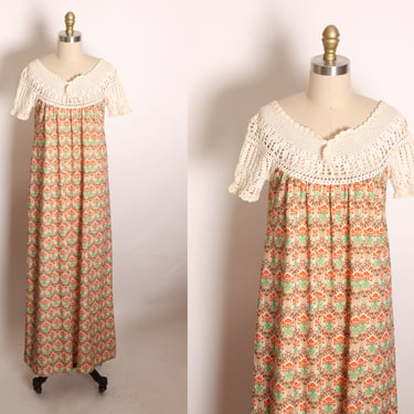1970s Orange, Brown and Green Macrame Crochet Short Sleeve Floral Flower Pot Muu Muu Dress -XL 