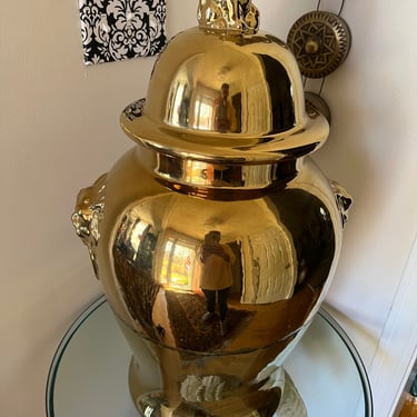 Large vintage gold temple jar with foo dog details 
