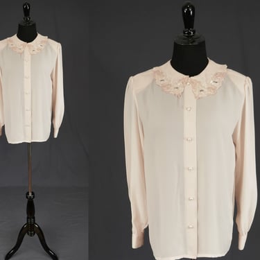 90s Pink Beaded Collar Blouse - Charlotte Van Horne - Faux Pearl Buttons - Vintage 1990s - M L 