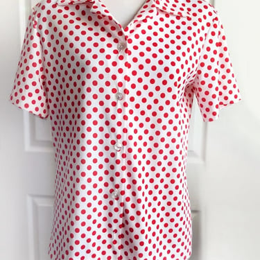 Vintage 1950's White & Red POLKA DOT Blouse, Rockabilly Bowling Shirt by Lucky Lady Short Sleeve Button Front 1960's mid century 