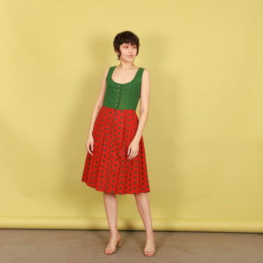 40s Red Green Brocade Folk Tratchen Dress Vintage Austrian Corset Traditional Dress 