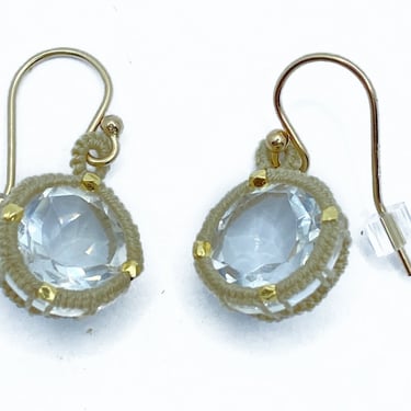 Danielle Welmond | Caged Crystal Quartz Earrings w/ Taupe Cord and 14kt Gold Vermeil Beads