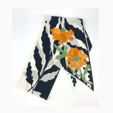 Vintage 1980s VERA Scarf, Black and White Leaf Print with Orange Poppies, Oblong 62