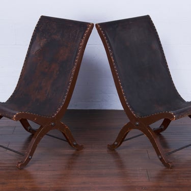 Spanish Pierre Lottier Leather Slipper Chairs - A Pair 