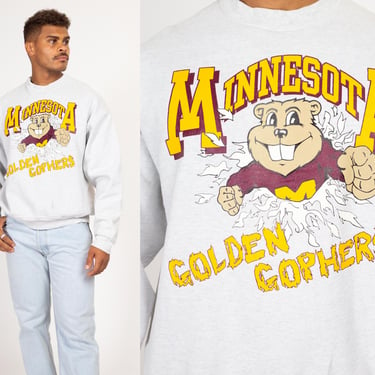 XL 90s University Of Minnesota Golden Gophers Sweatshirt | Vintage Heather Gray College Football Graphic Crewneck 