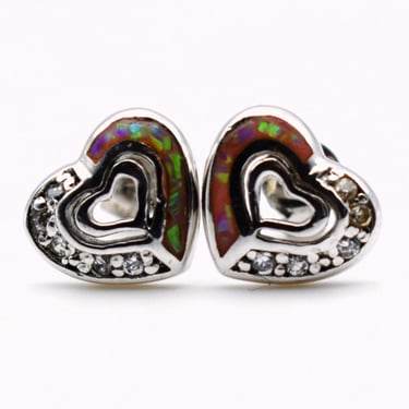 Dainty 60's sterling fire opal & crystal heart in heart studs, 925 silver sweetheart bling earrings 