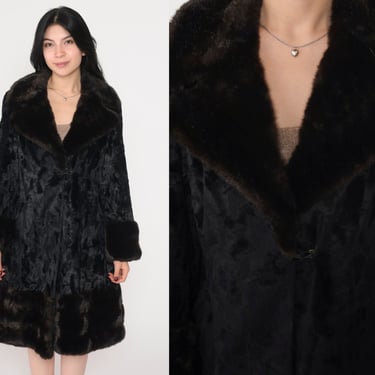 Black Faux Fur Coat 70s Fake Fur Jacket Brown Collar Retro Glam Bohemian Jacket Boho Furry Rock Fuzzy Winter Seventies Vintage 1970s Medium 