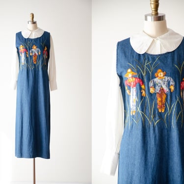 pinafore dress | 90s vintage embroidered scarecrow novelty print loose oversized sleeveless jean denim overall cute cottagecore dress 