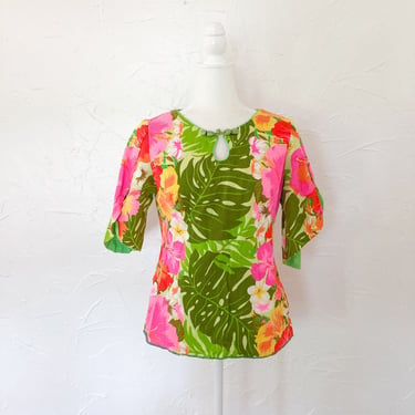60s Day-Glo Neon Floral Flared Cut-Out Sleeve Frog Closure Keyhole Blouse | Medium/Large 