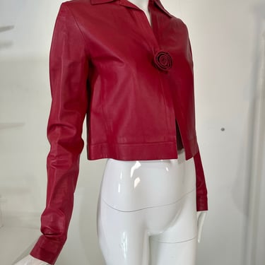 Romeo Gigli Buttery Soft Garnet Leather Cropped Rose Button Spencer Jacket