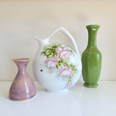 Vintage Decorative Vases - Set of 3 - Handpainted Flowers & Bee, Green Napco Ohana, and Purple Lauren Burnam Vases 