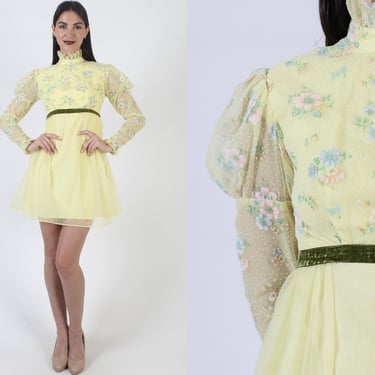 60s Canary Yellow Swiss Dot Dress, Vintage High Waisted Frock, Bridal Day Party, Micro Mini Sundress 