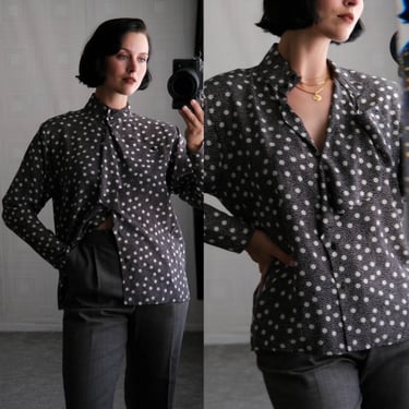 Vintage 80s RODIER PARIS Black & Ivory Silk Polkadot Blouse w/ Asymmetrical Ruffle | Made in France | 100% Silk | 1980s French Designer Top 