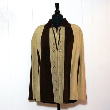 Suede Poncho • 1960s 1970s • Hippie Boho • Brown & Tan Suede • Floral Cutouts • Zip Front • Autumn / Fall • Hippy Chic • Hand Made in Mexico 