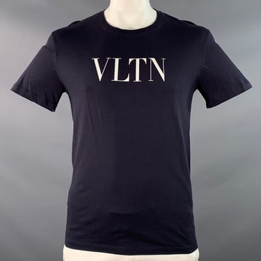 VALENTINO Size L Navy White Logo Cotton Short Sleeve Crew Neck T-shirt