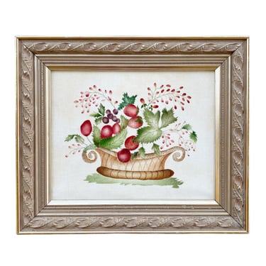 Primitive Christmas art. Basket of fruit leaves and holly berries.  Framed Oil on Velvet Theorem painting Hand painted Repro 