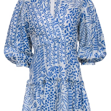 Alexis - Blue & White Print Wrap Bodice Dress Sz S