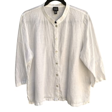 Eileen Fisher Womens White 3/4 Sleeve Button-Up Irish Linen Shirt Blouse Top L