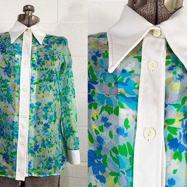 Vintage Floral Blouse Sheer Long Sleeves Blue Green Sleeve Shirt Wedding Guest 1960s 1970s Mod Small Medium 