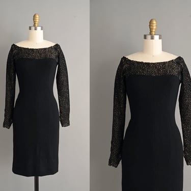 vintage 1950s Dress | Cozy Black Lace Long Sleeve Wiggle Dress | Small 