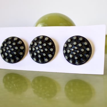 Vintage Extruded Buffed Plastic Polka Dot Shank Buttons Set of 3 Large Black and Milky White Coat Buttons - 1.25” 