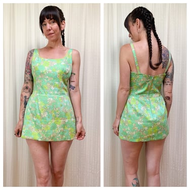60s lime green floral playsuit 