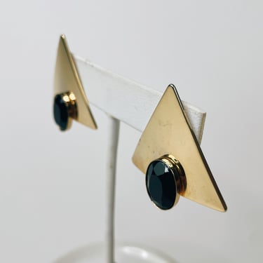 1980s Gold & Black Triangle Push Back Earrings 1.25" x 1.5" | Vintage, Oversized, Costume Jewelry, Cocktail Party, Formal, New Wave, Retro 