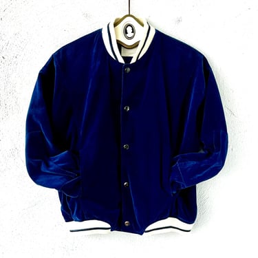 Vintage 70s 80s Wrangler Velvet Bomber Jacket Blue Lightweight Snap Buttons 